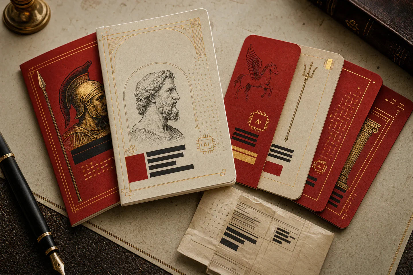 Une composition éditoriale de carnets rouges et ivoire mêle gravures Renaissance, signes d’intelligence artificielle et détails dorés