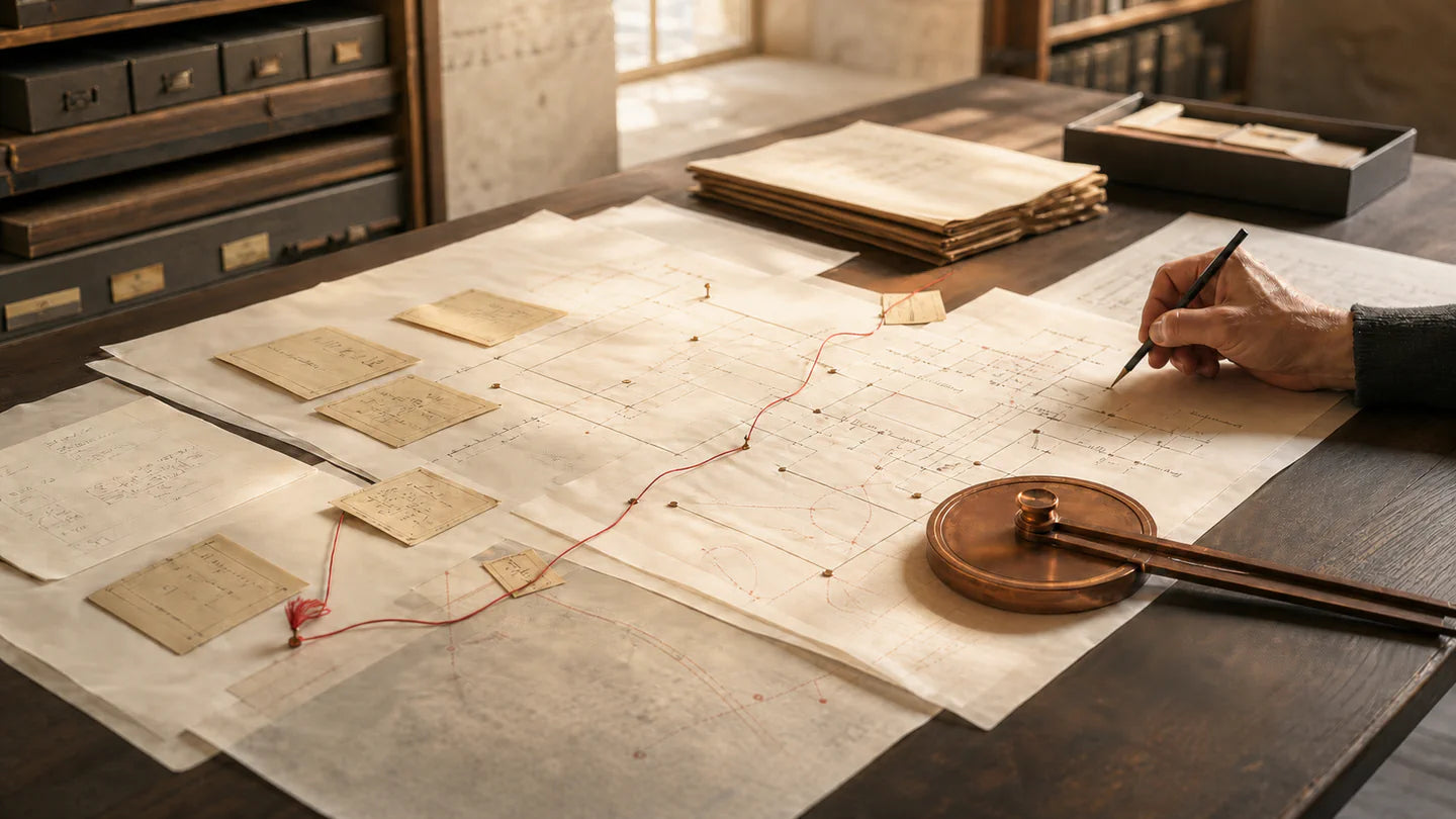 Une table de décision lumineuse relie des documents, du cuivre et un geste humain