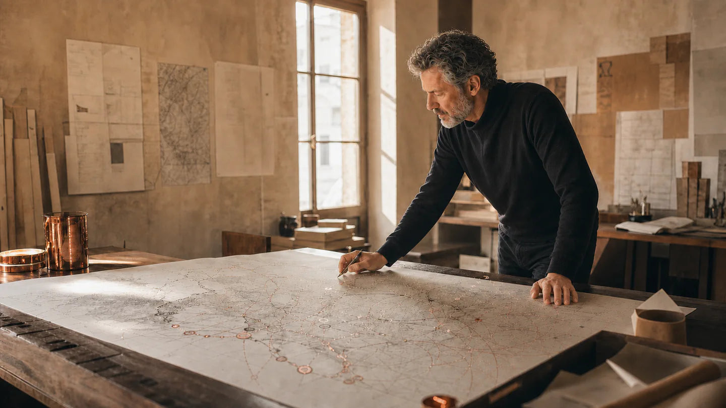Un directeur des technologies examine une grande carte opérationnelle dans un atelier lumineux, avec des tracés computationnels discrets