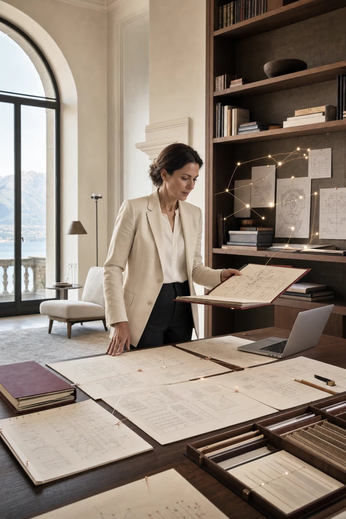 Une responsable organise une bibliothèque de systèmes dans un espace lumineux